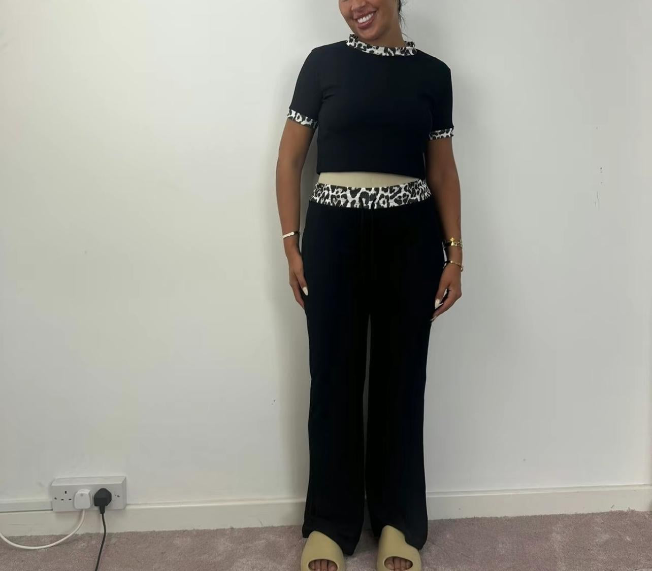 Womens Ribbed Contrast Cap Sleeve Crop Top Flared Trouser Two Piece Co Ord Set