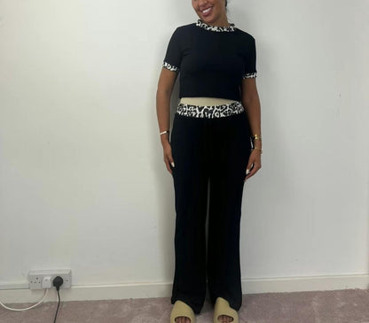 Womens Ribbed Contrast Cap Sleeve Crop Top Flared Trouser Two Piece Co Ord Set