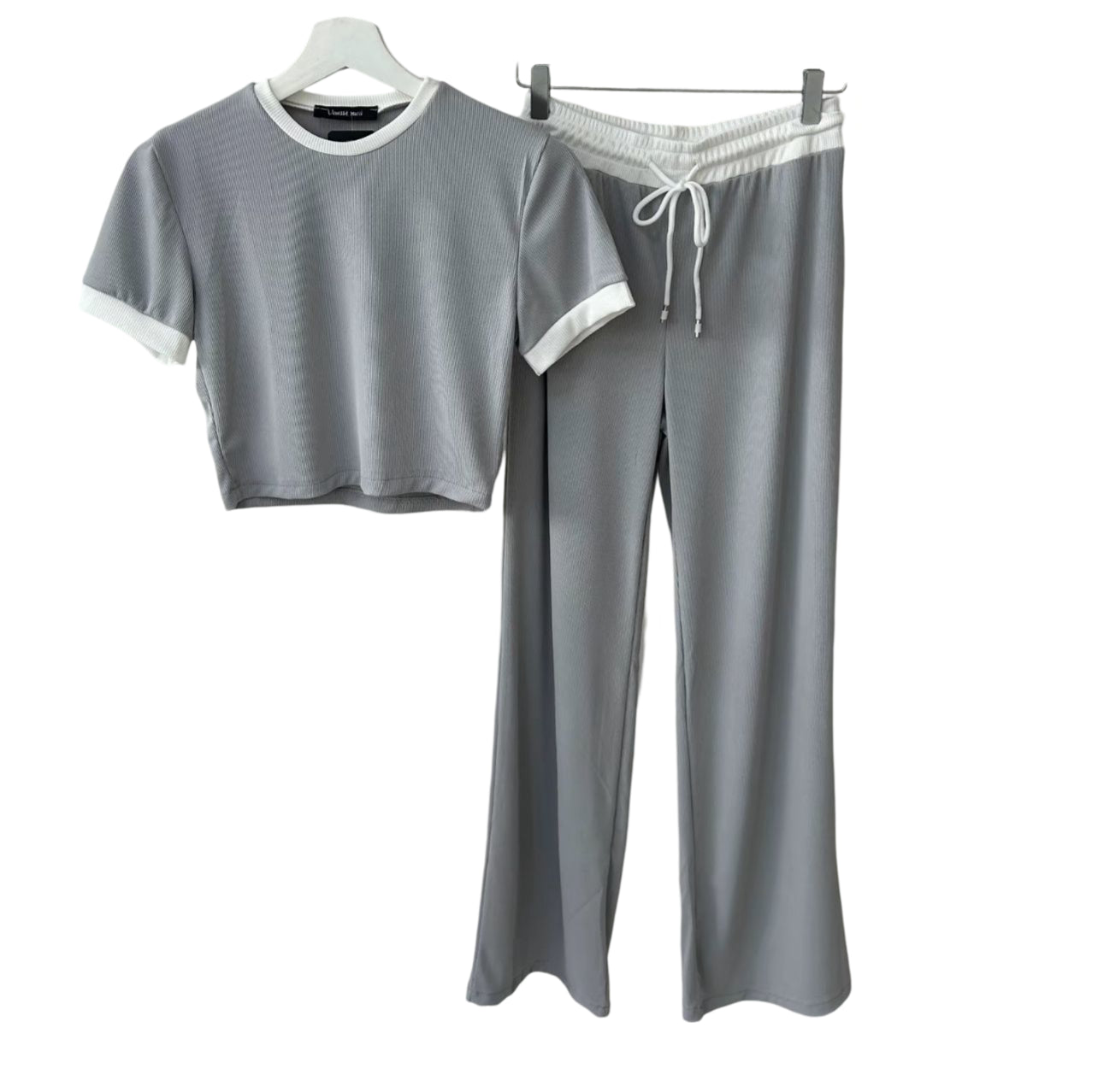 Womens Ribbed Contrast Cap Sleeve Crop Top Flared Trouser Two Piece Co Ord Set