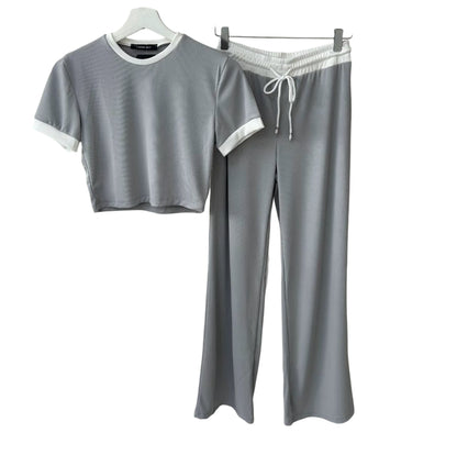 Womens Ribbed Contrast Cap Sleeve Crop Top Flared Trouser Two Piece Co Ord Set