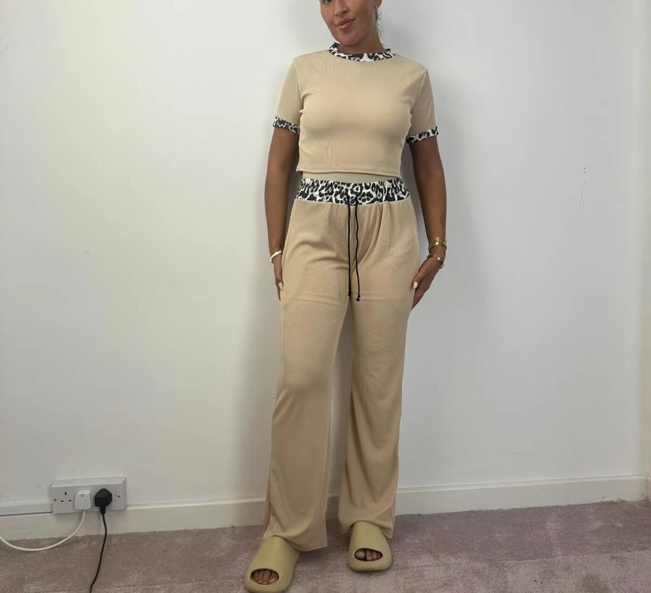 Womens Ribbed Contrast Cap Sleeve Crop Top Flared Trouser Two Piece Co Ord Set