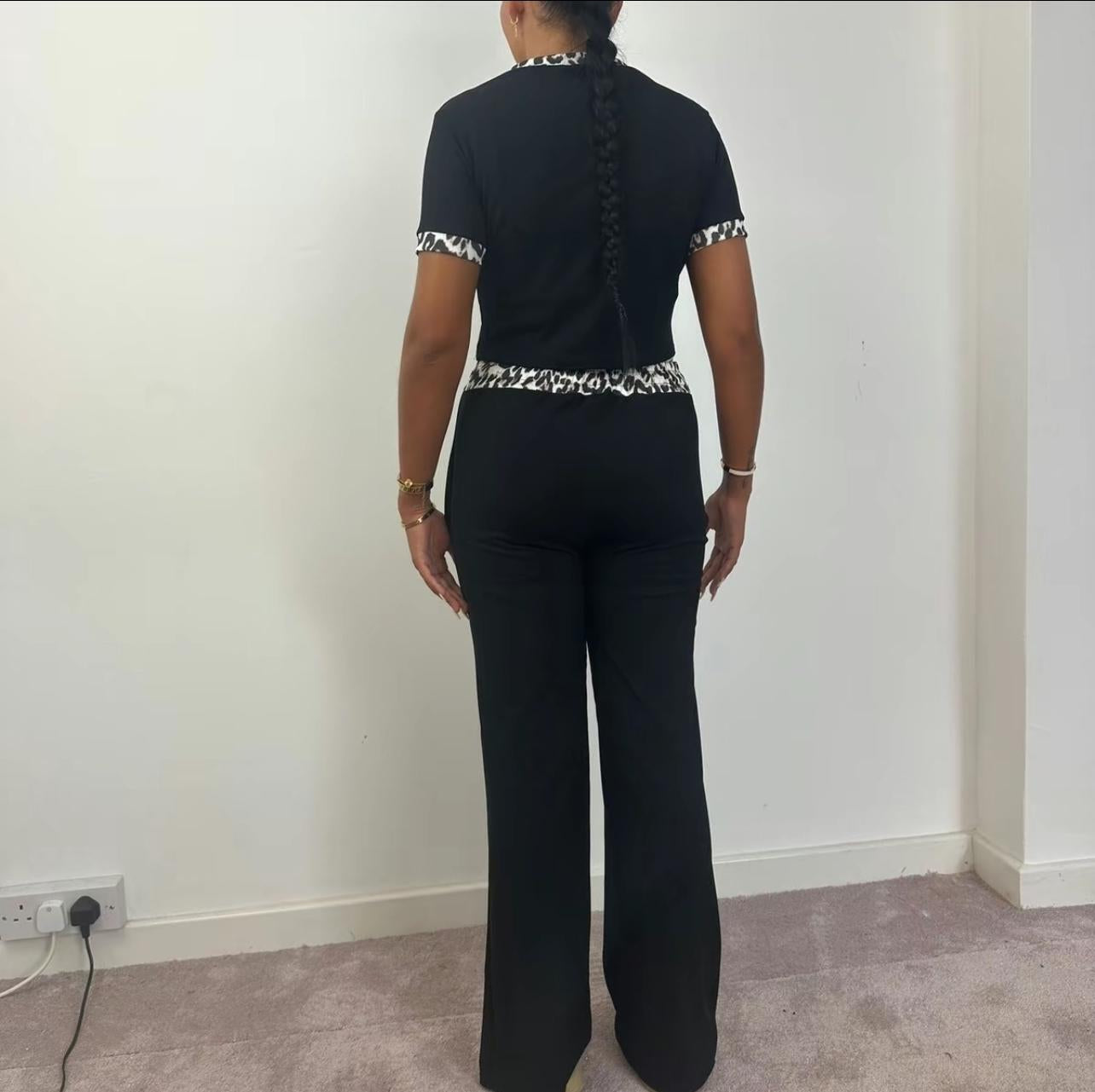 Womens Ribbed Contrast Cap Sleeve Crop Top Flared Trouser Two Piece Co Ord Set