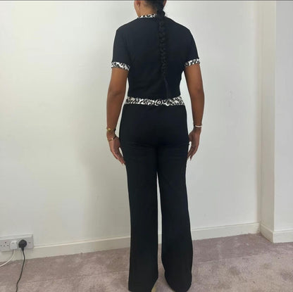 Womens Ribbed Contrast Cap Sleeve Crop Top Flared Trouser Two Piece Co Ord Set