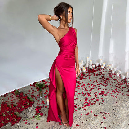 Elegant One-Shoulder Backless Slit Dress 