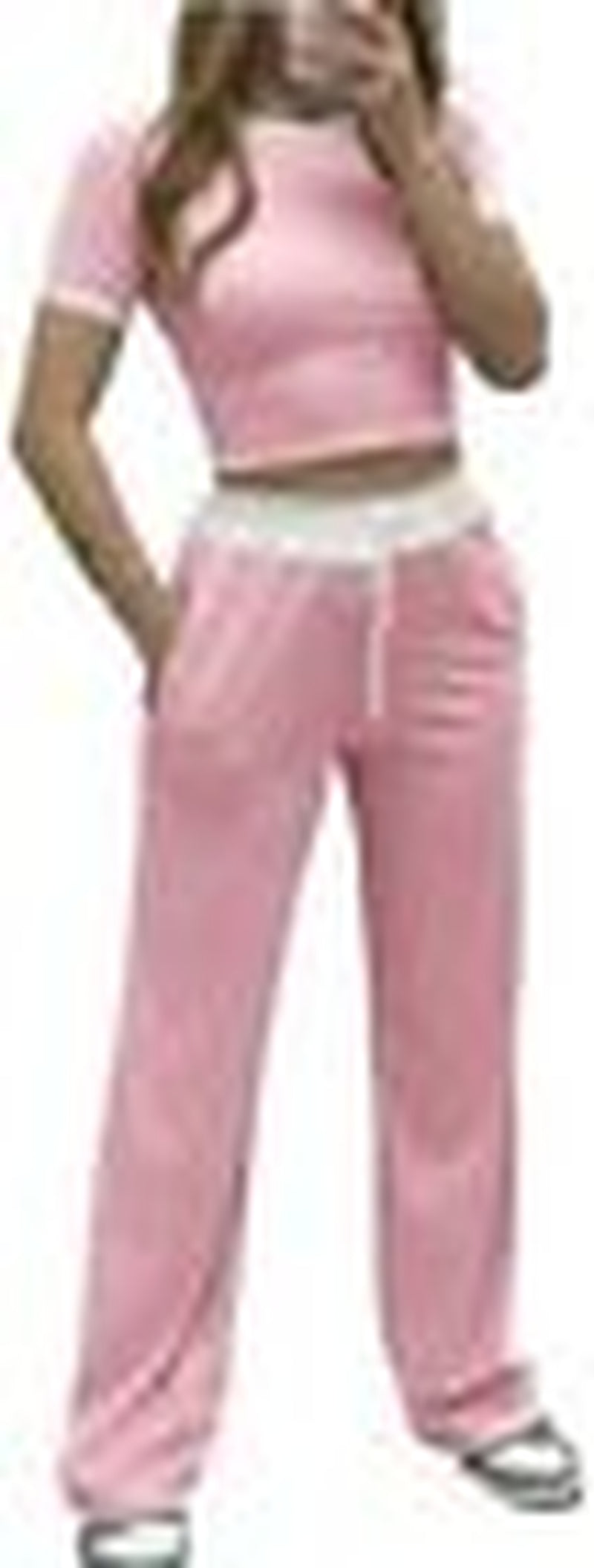 Womens Ribbed Contrast Cap Sleeve Crop Top Flared Trouser Two Piece Co Ord Set