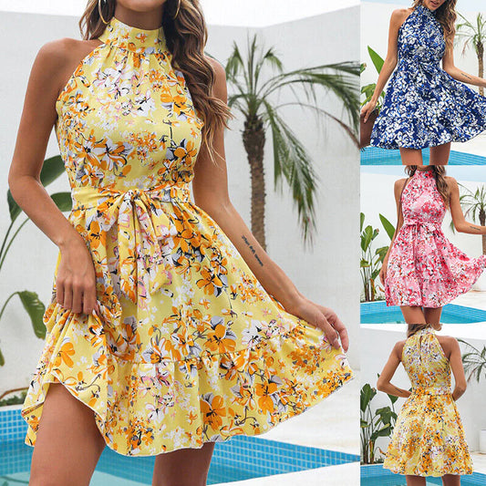 Flowers Print Halterneck Dress Summer, Fashion Lace-Up Ruffled Dresses