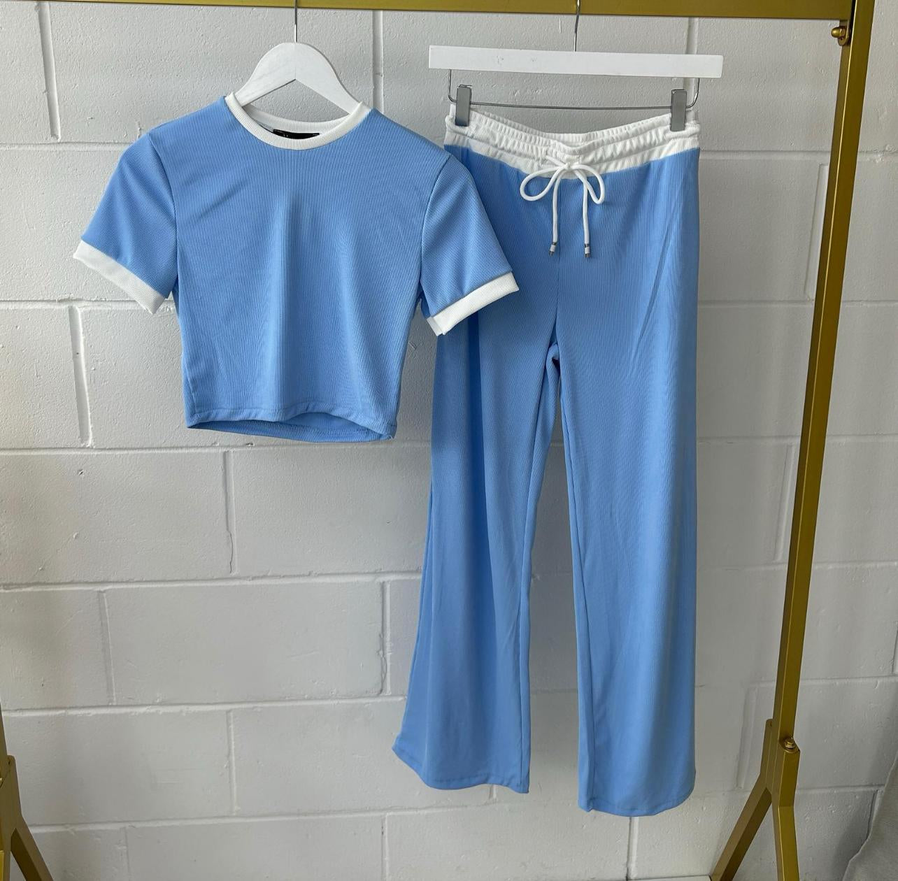 Womens Ribbed Contrast Cap Sleeve Crop Top Flared Trouser Two Piece Co Ord Set