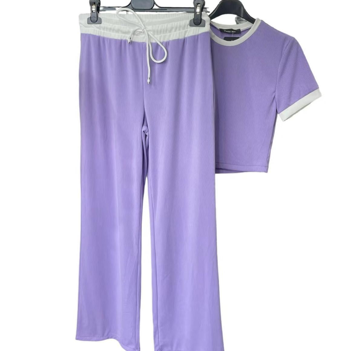 Womens Ribbed Contrast Cap Sleeve Crop Top Flared Trouser Two Piece Co Ord Set