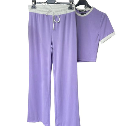 Womens Ribbed Contrast Cap Sleeve Crop Top Flared Trouser Two Piece Co Ord Set