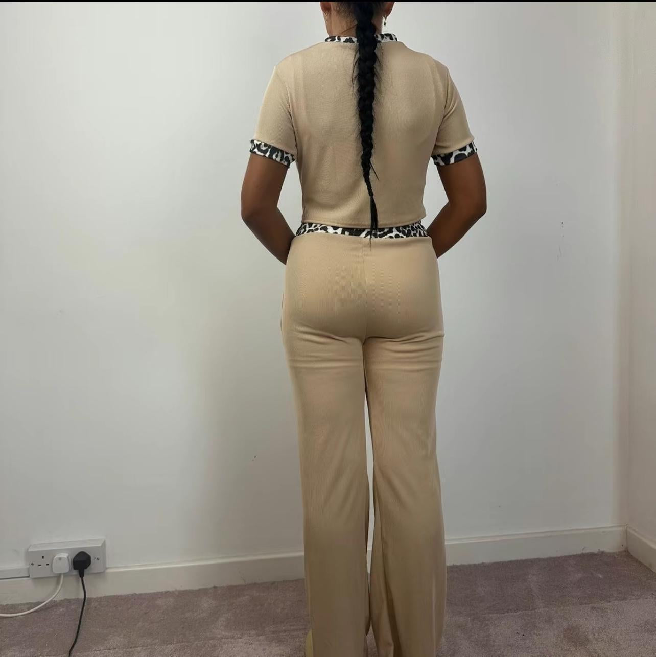 Womens Ribbed Contrast Cap Sleeve Crop Top Flared Trouser Two Piece Co Ord Set