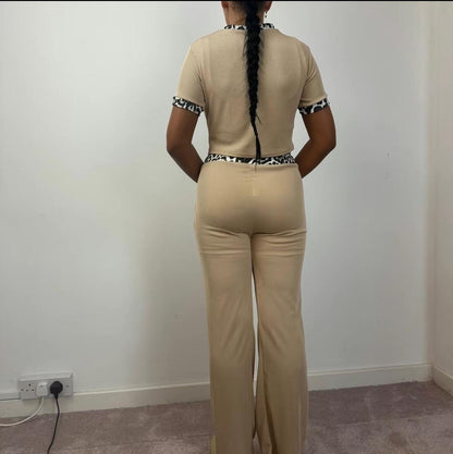 Womens Ribbed Contrast Cap Sleeve Crop Top Flared Trouser Two Piece Co Ord Set