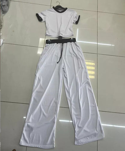 Womens Ribbed Contrast Cap Sleeve Crop Top Flared Trouser Two Piece Co Ord Set