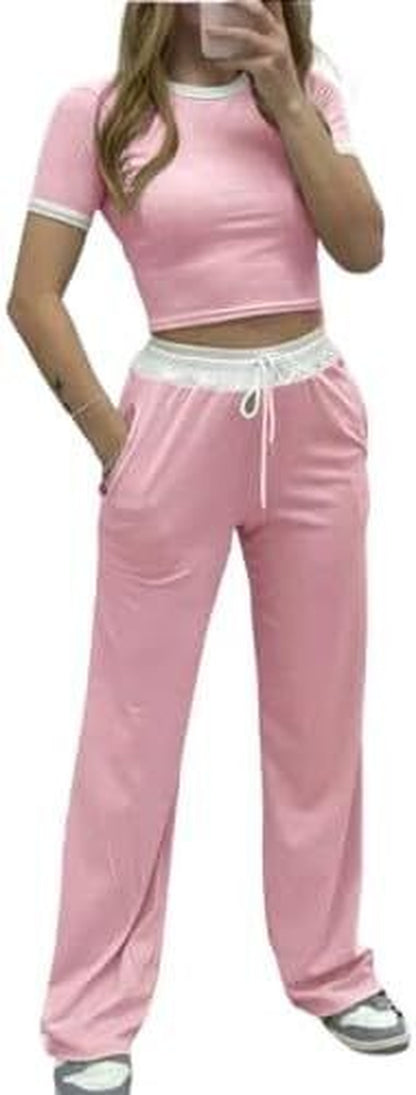 Womens Ribbed Contrast Cap Sleeve Crop Top Flared Trouser Two Piece Co Ord Set