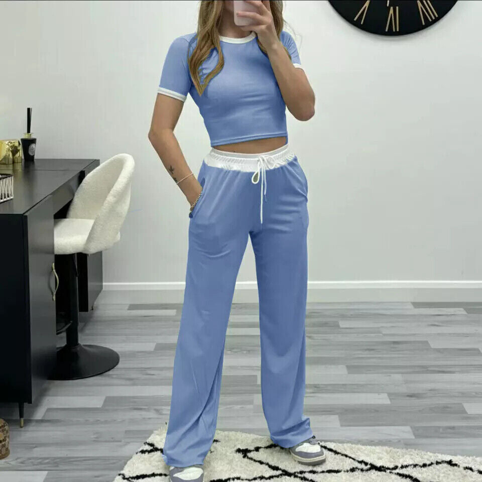 Womens Ribbed Contrast Cap Sleeve Crop Top Flared Trouser Two Piece Co Ord Set