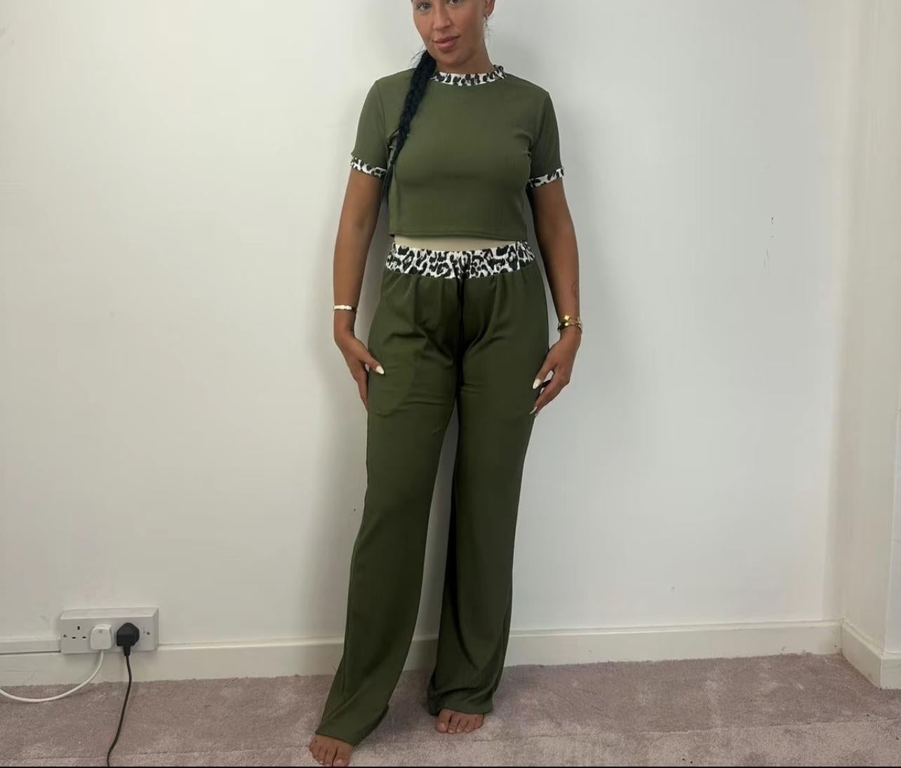 Womens Ribbed Contrast Cap Sleeve Crop Top Flared Trouser Two Piece Co Ord Set