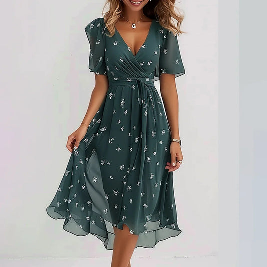 Chiffon Printed Short Sleeve Dress Summer Elegant V-Neck Dresses Womens Clothing