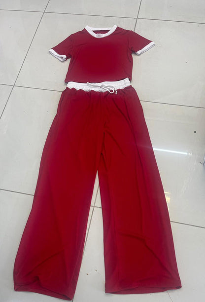 Womens Ribbed Contrast Cap Sleeve Crop Top Flared Trouser Two Piece Co Ord Set