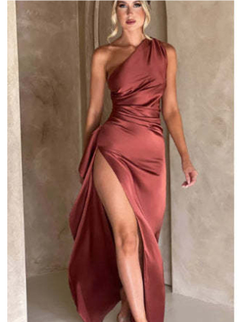 Elegant One-Shoulder Backless Slit Dress 