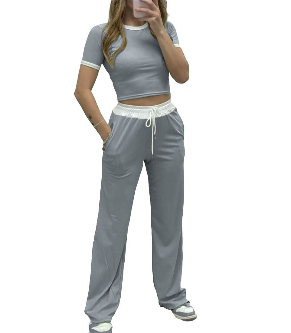 Womens Ribbed Contrast Cap Sleeve Crop Top Flared Trouser Two Piece Co Ord Set