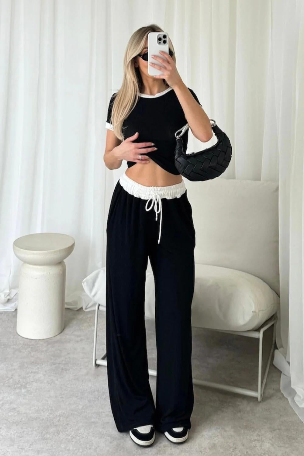 Womens Ribbed Contrast Cap Sleeve Crop Top Flared Trouser Two Piece Co Ord Set