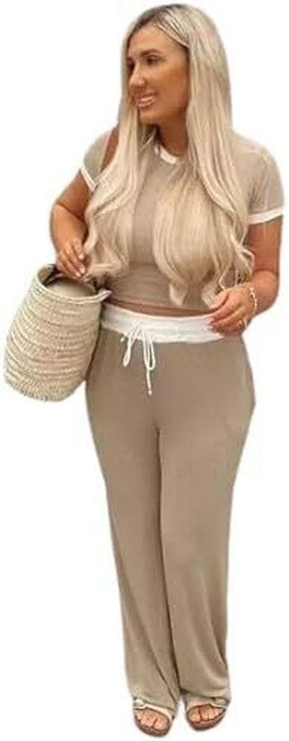 Womens Ribbed Contrast Cap Sleeve Crop Top Flared Trouser Two Piece Co Ord Set