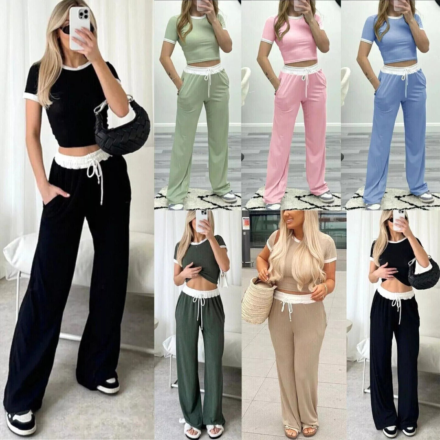 Womens Ribbed Contrast Cap Sleeve Crop Top Flared Trouser Two Piece Co Ord Set