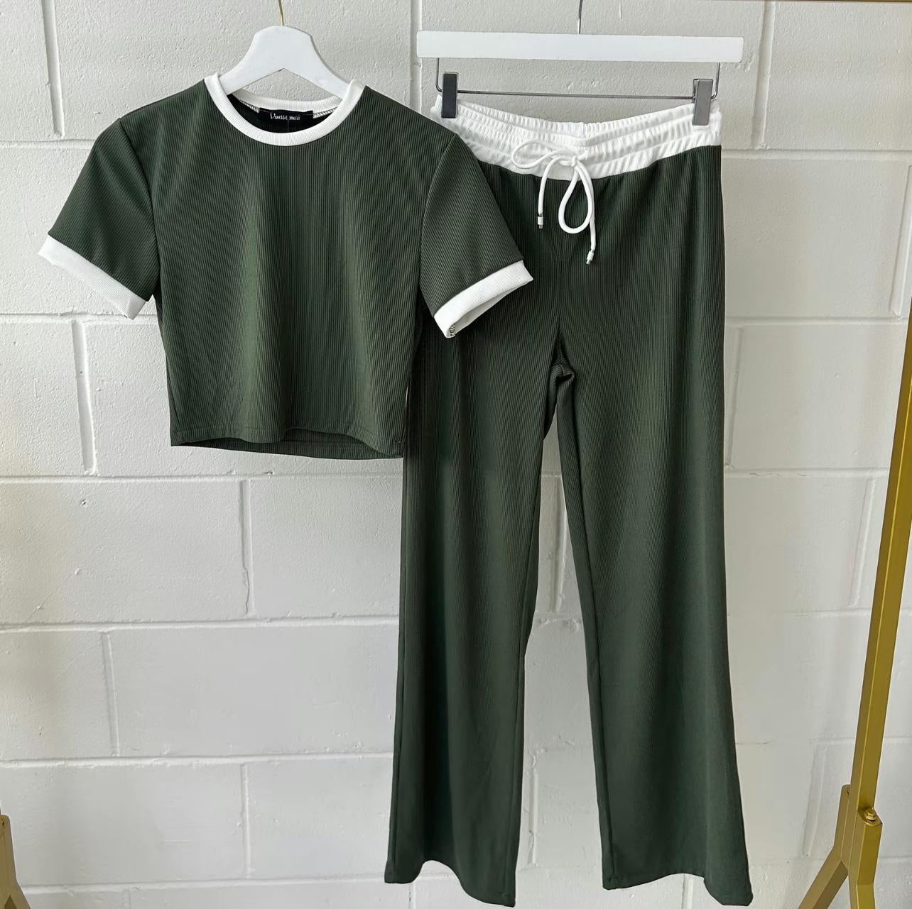 Womens Ribbed Contrast Cap Sleeve Crop Top Flared Trouser Two Piece Co Ord Set