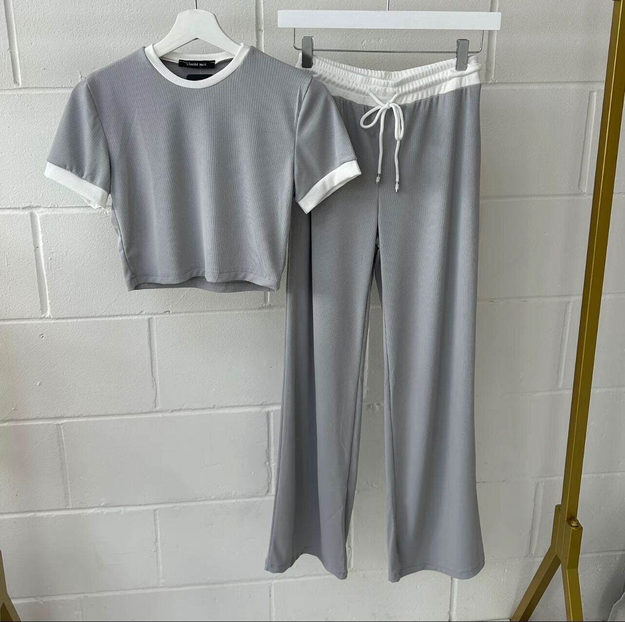 Womens Ribbed Contrast Cap Sleeve Crop Top Flared Trouser Two Piece Co Ord Set