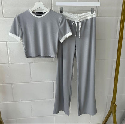 Womens Ribbed Contrast Cap Sleeve Crop Top Flared Trouser Two Piece Co Ord Set