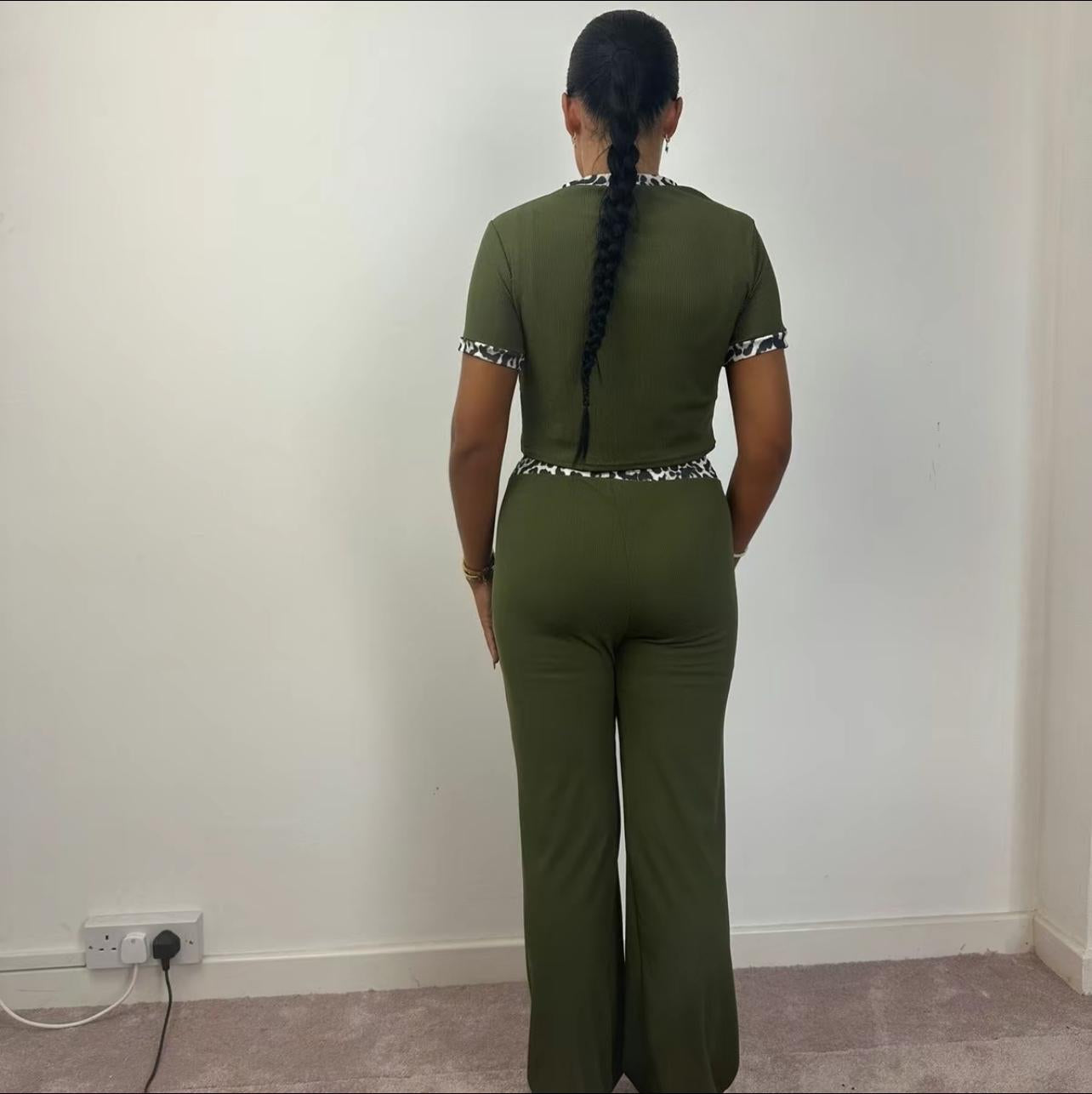 Womens Ribbed Contrast Cap Sleeve Crop Top Flared Trouser Two Piece Co Ord Set