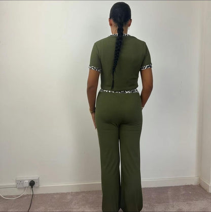 Womens Ribbed Contrast Cap Sleeve Crop Top Flared Trouser Two Piece Co Ord Set