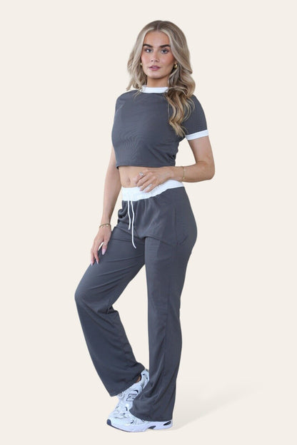 Womens Ribbed Contrast Cap Sleeve Crop Top Flared Trouser Two Piece Co Ord Set