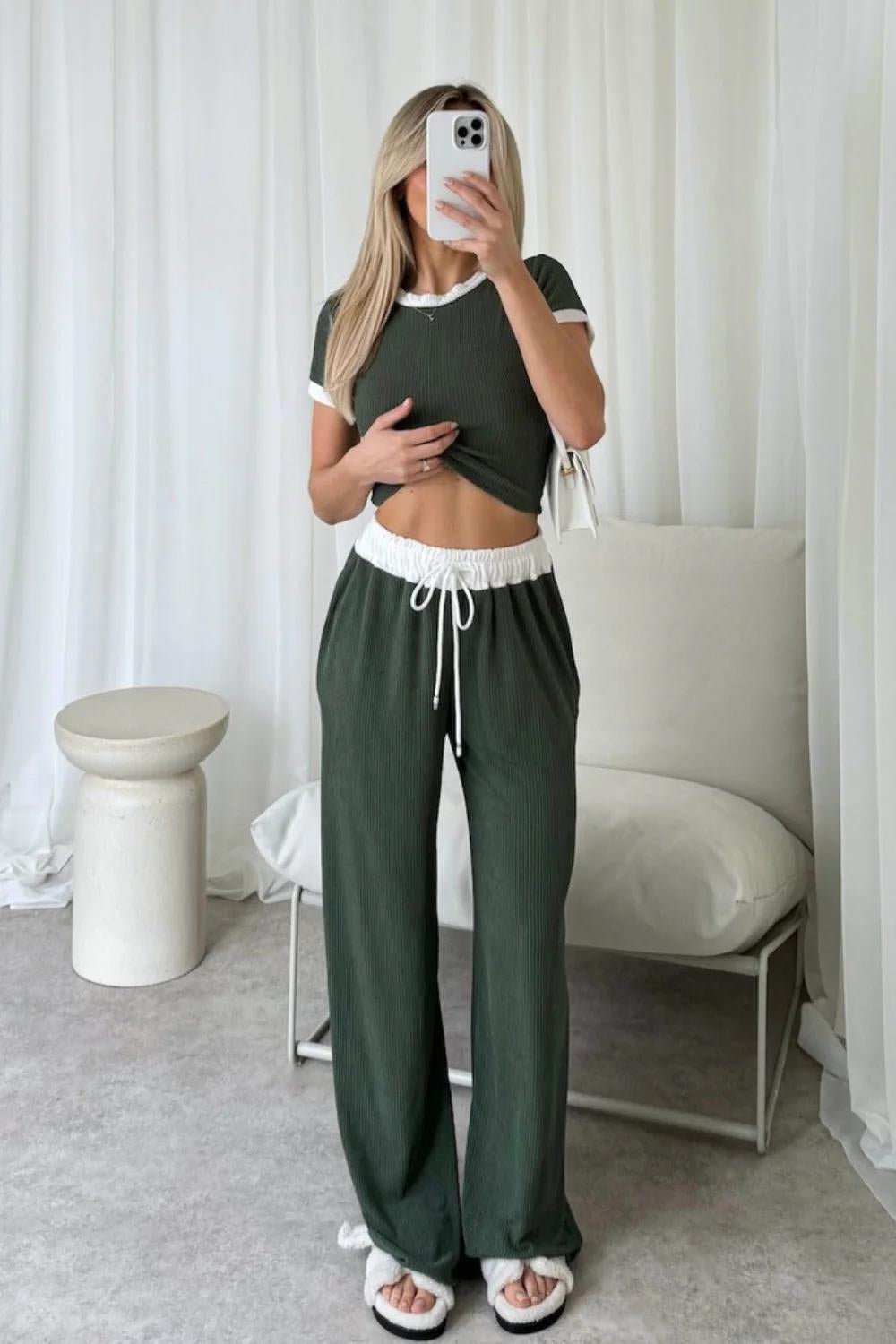 Womens Ribbed Contrast Cap Sleeve Crop Top Flared Trouser Two Piece Co Ord Set