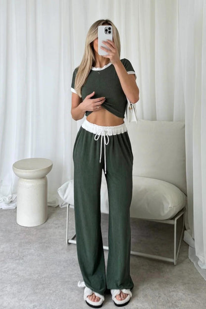 Womens Ribbed Contrast Cap Sleeve Crop Top Flared Trouser Two Piece Co Ord Set